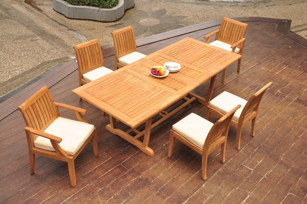 7-Piece Outdoor Teak Dining: 94" Masc Rectangle Extension Table, 6 Lagos Chairs