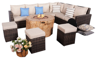 8-Piece Patio Rattan Conversational Sofa Set with Fire Pit Table and Ottomans, Brown-Round