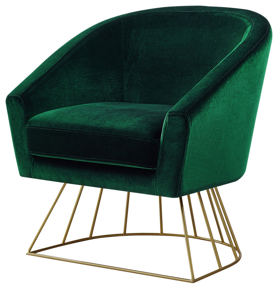 Alice Velvet Barrel Accent Chair With Metal Base, Green and Gold
