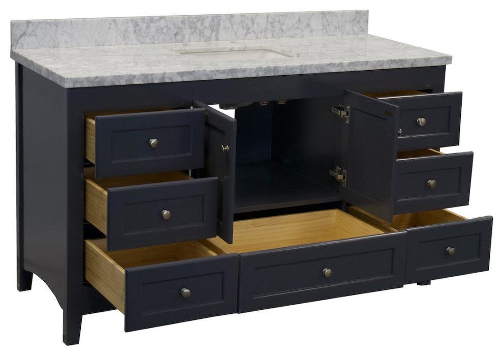 Abbey 60" Bath Vanity, Base: Marine Gray, Top: Carrara Marble, Single Vanity