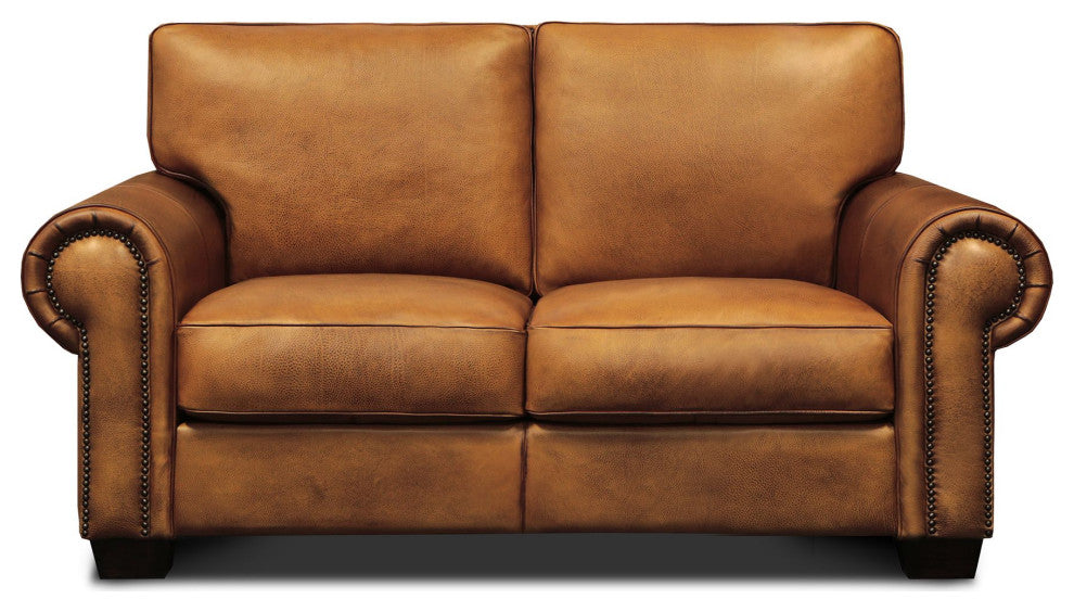 Valencia 100% Top Grain Hand Antiqued Leather Traditional Loveseat, Tan