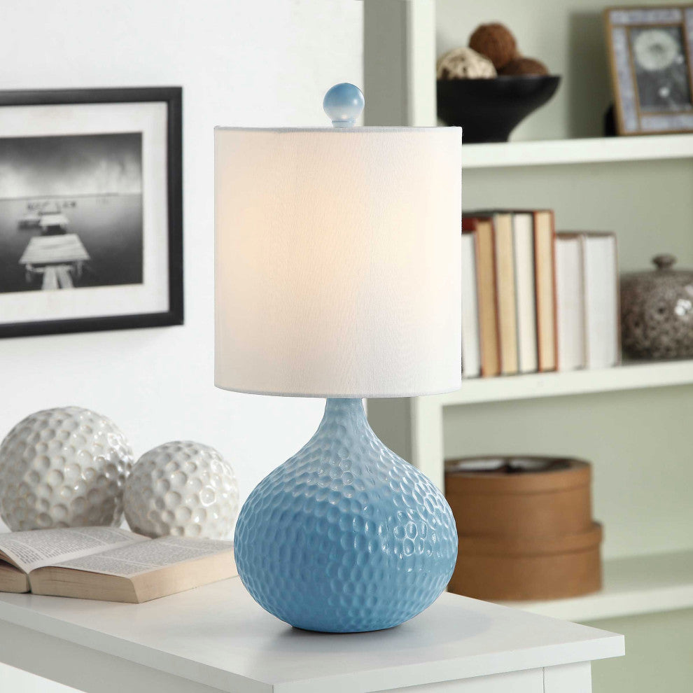 Ceramic Pebbled Table Lamp, Blue Finish, White Hardback Fabric Shade