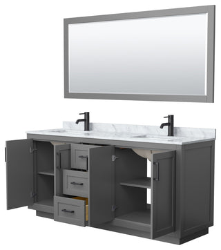 72"DBL Vanity Dark Gray, Carrara Countertop, Sinks, Black Trim, 70"Mirror