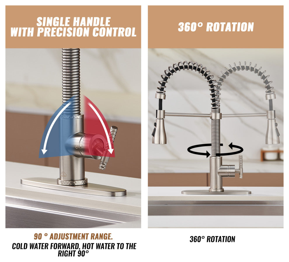 Single Handle Kitchen Sink Faucet Pull-Down Sprayer, 360 Swivel, 3 Functions, Brushed Nickel