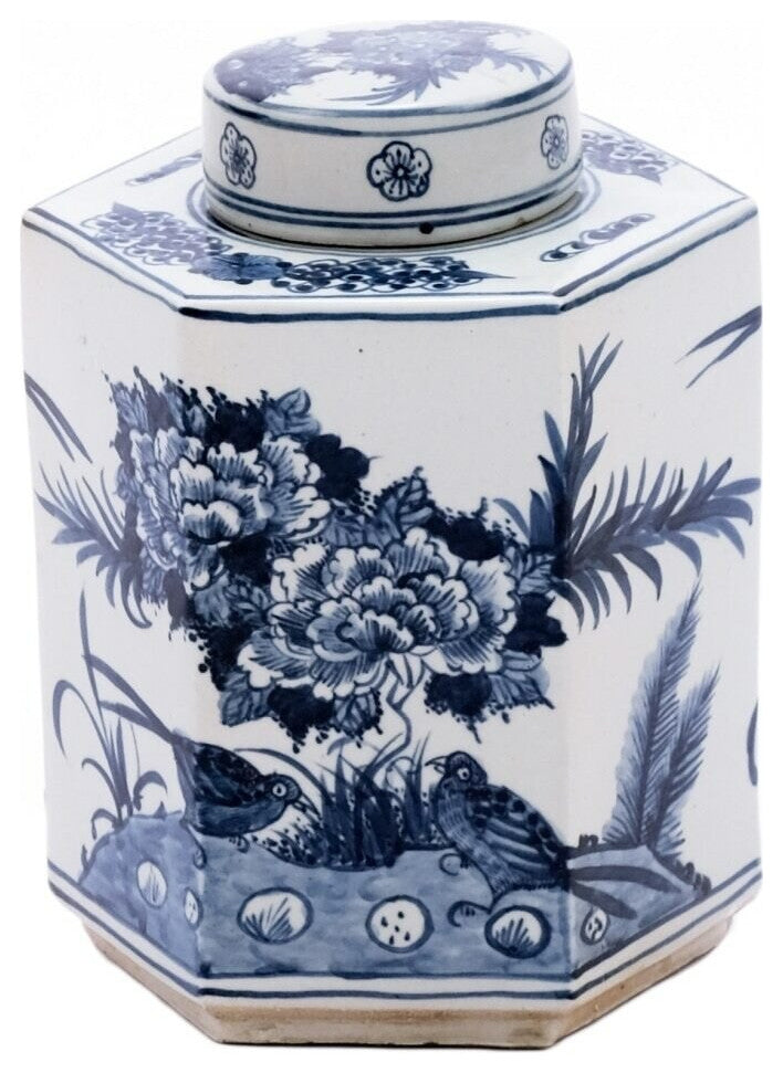 Blue and White Bird Motif Porcelain Tea Caddy Jar, 11"