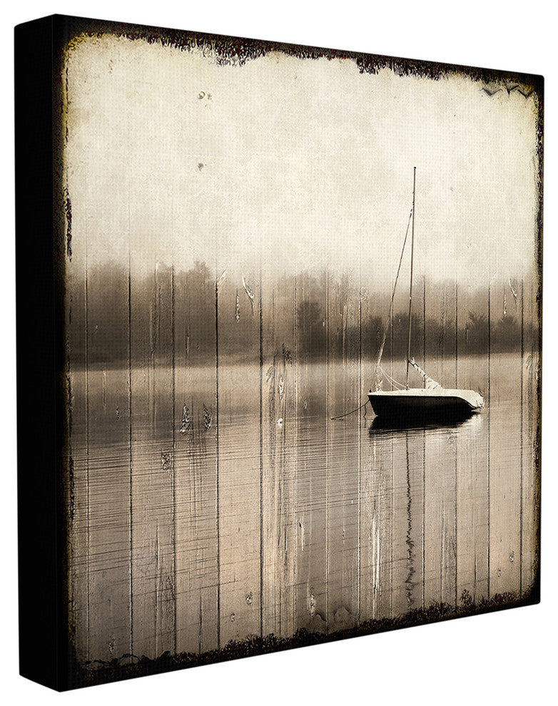 "Misty Morning Boat Vintage Planked Look" Stretched Canvas Wall Art