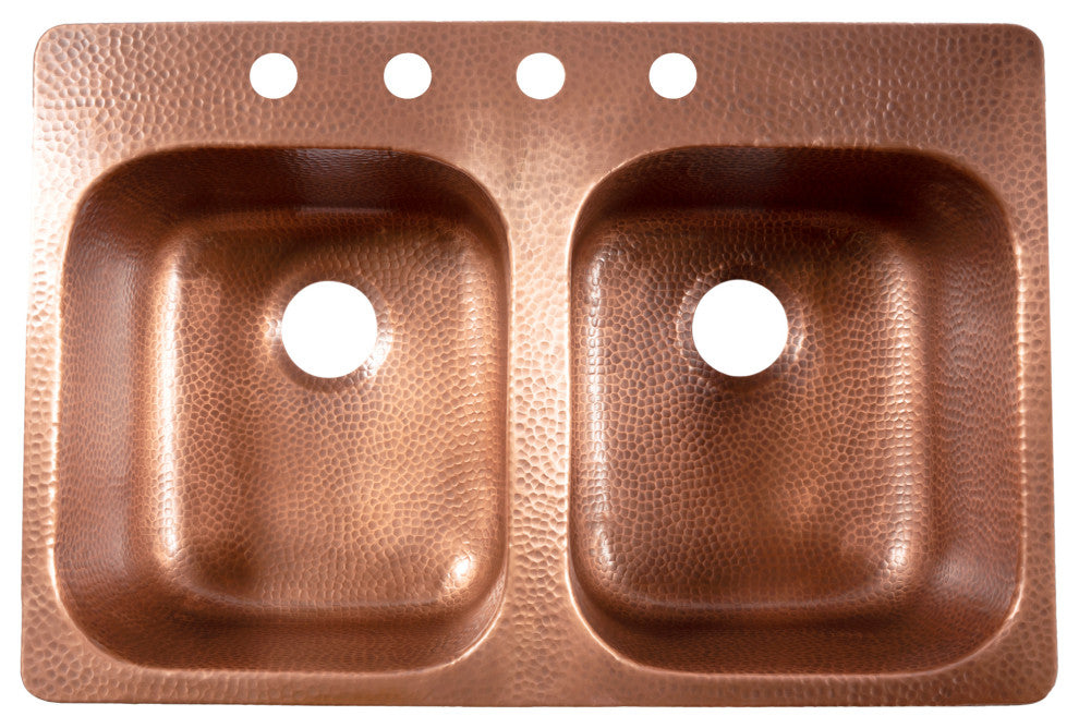 Santi 33" Drop-in Copper Double Bowl Kitchen Sink, 4-Hole Left Side