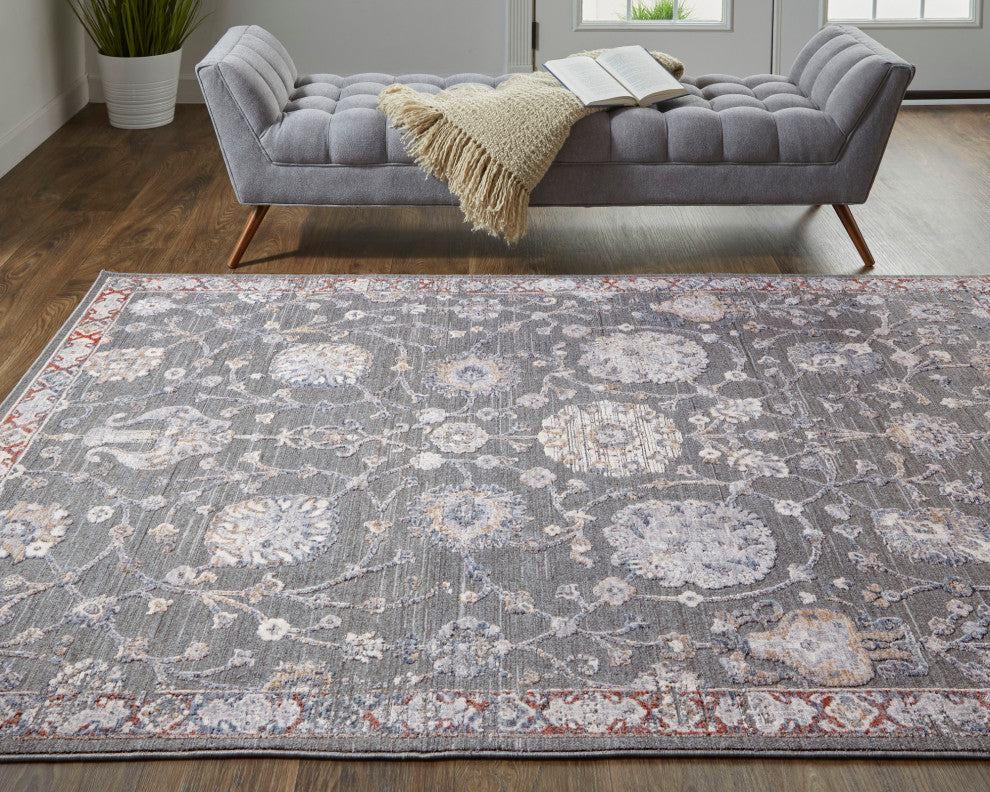 Weave & Wander Sybil Transitional Oriental Style Rug, Charcoal Gray/Red, 9' X 12