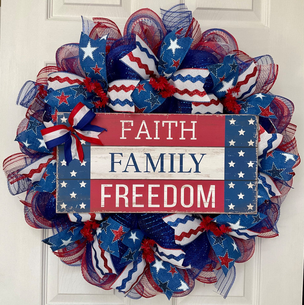 Patriotic Faith Family Freedom Handmade Deco Mesh Wreath