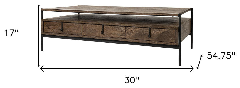 Rectangular Solid Wood and Black Metal Coffee Table W 3 Drawers