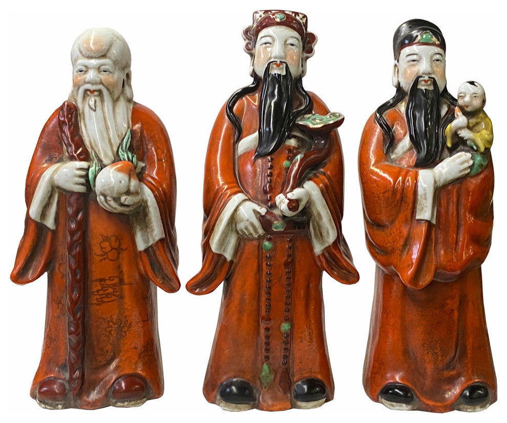 Chinese Distressed Orange Color Fengshui Fok Lok Shao Figure Set Hws1788