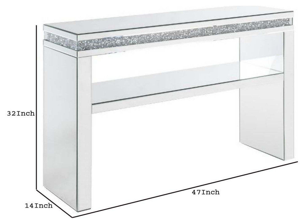 Benzara BM250574 Sofa Table With Mirror Panel Frame and 1 Glass Shelf, Silver