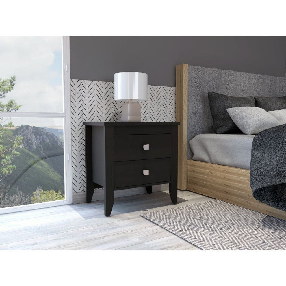 Breeze Four-Legged Modern Bedroom Nightstand, with Two Drawers - Black