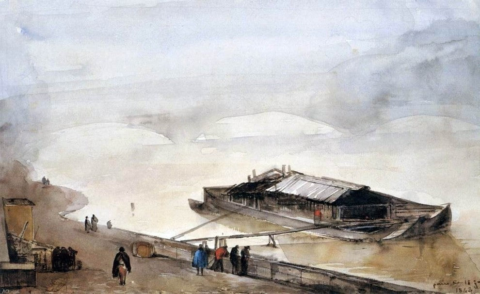 Francois-Marius Granet Quay of the Seine With Barge Fog Effect Wall Decal