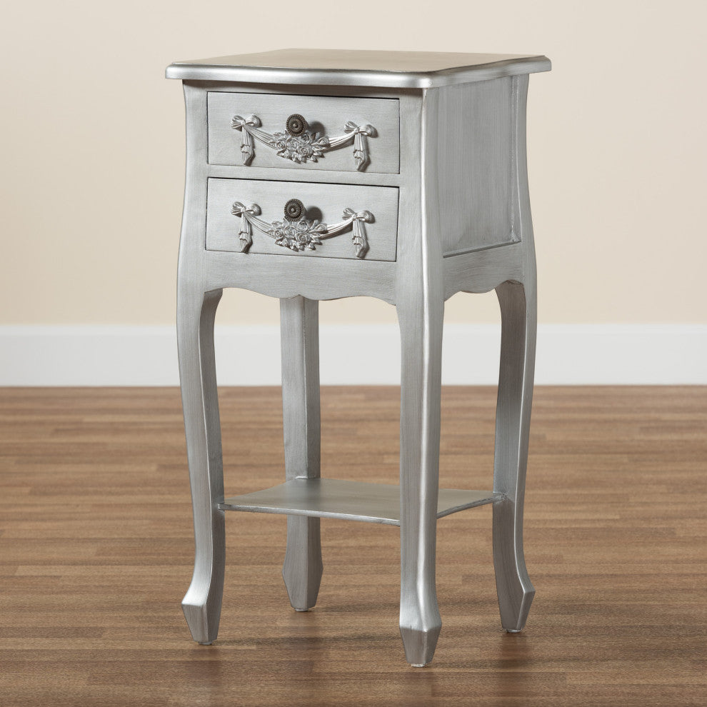 Eliya Classic and Traditional Brushed Silver Finished Wood 2-Drawer Nightstand