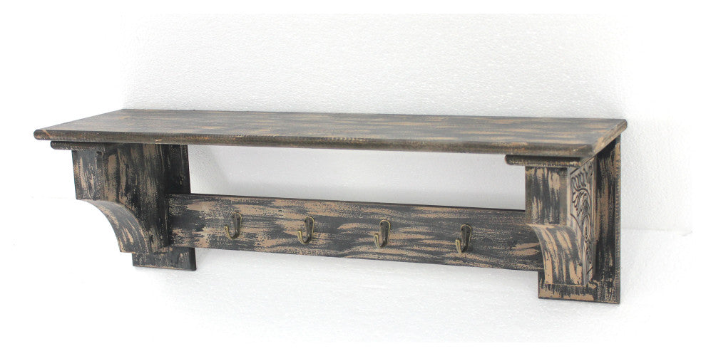 Vintage Black Wooden Wall Shelf With 4 Metal Hooks