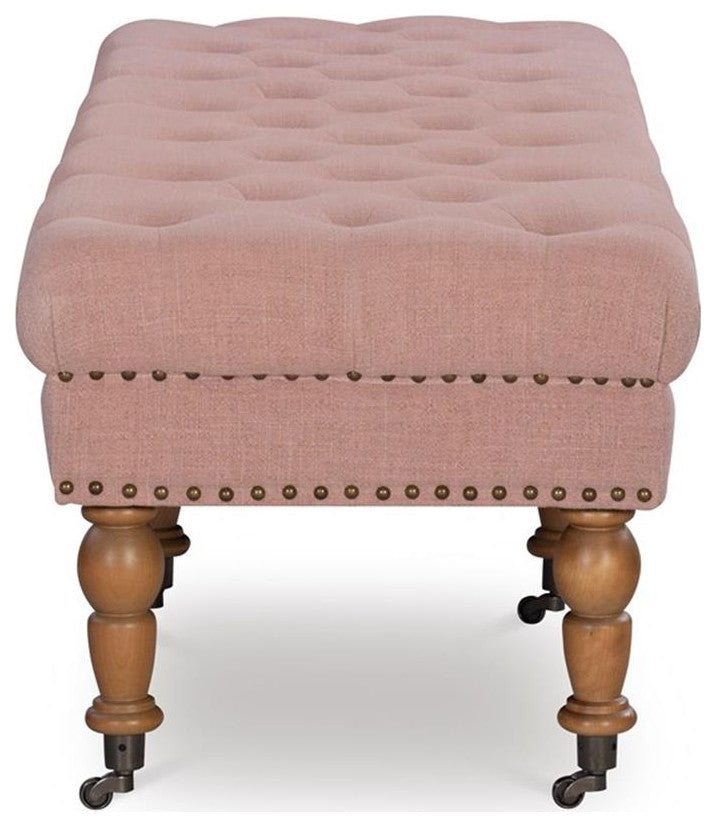 Linon Isabelle Upholstered 62" Long Bench Wood Legs in Washed Pink Linen Fabric