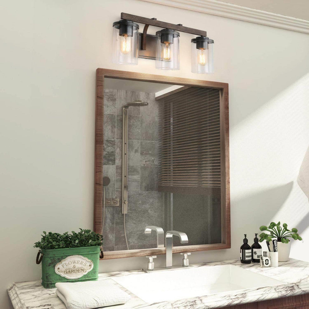 LALUZ 3-Light Black and Wood Gray Industrial Bathroom Vanity Lights