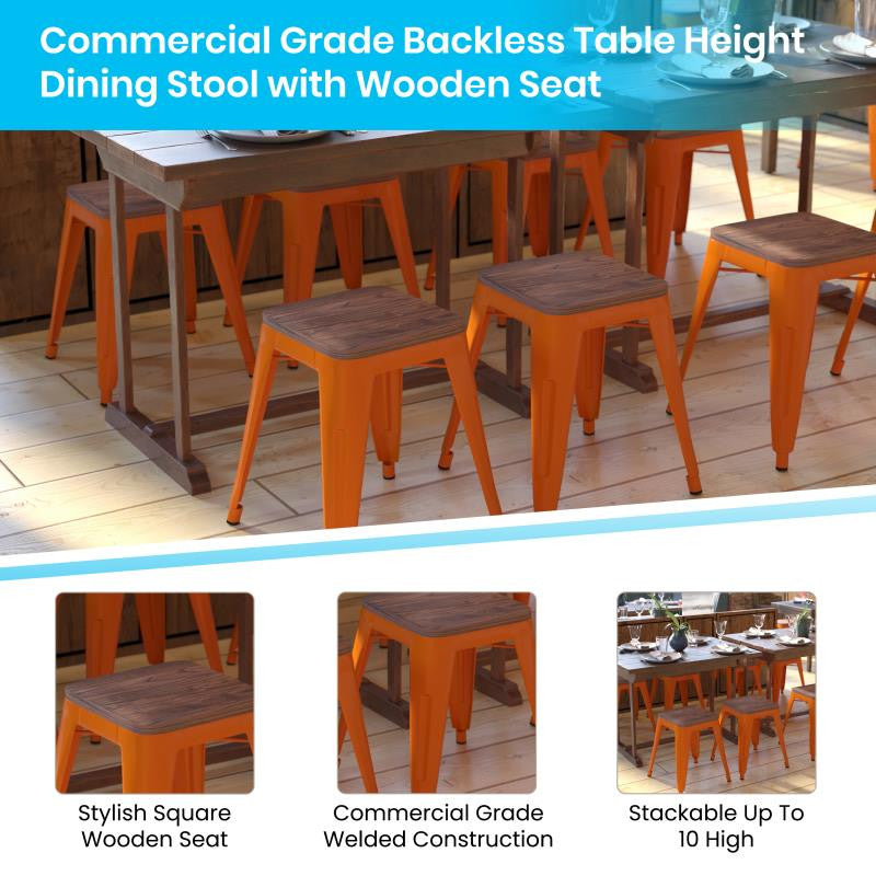 Kai Commercial Grade 18" Barstool with Wooden Seat, Stackable, Set of 4, Orange