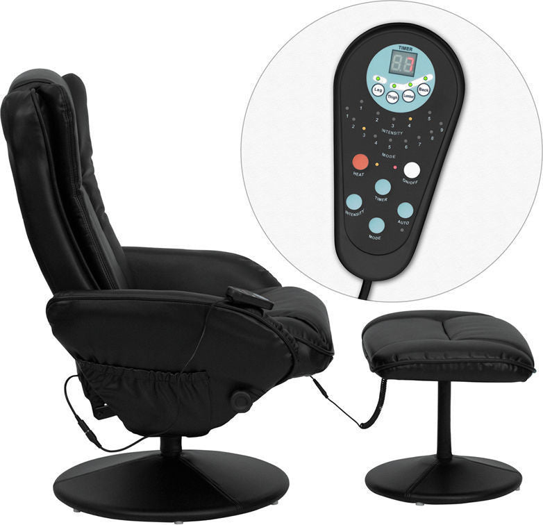 Massaging Black Leather Recliner and Ottoman With Leather Wrapped Base