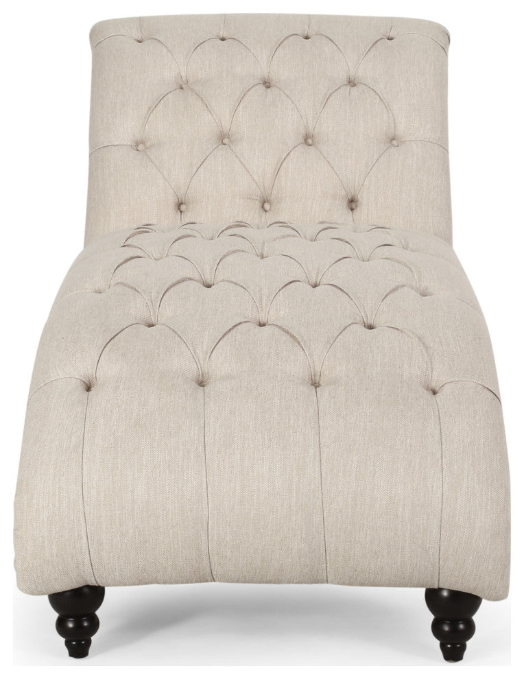 Meigs Varnell Contemporary Button Tufted Chaise Lounge, Beige + Walnut