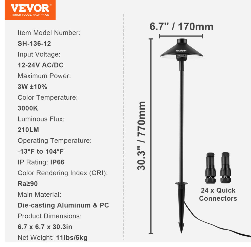 VEVOR 12 Pack Low Voltage Landscape Path Lights 12-24V Outdoor LED Pathway Light