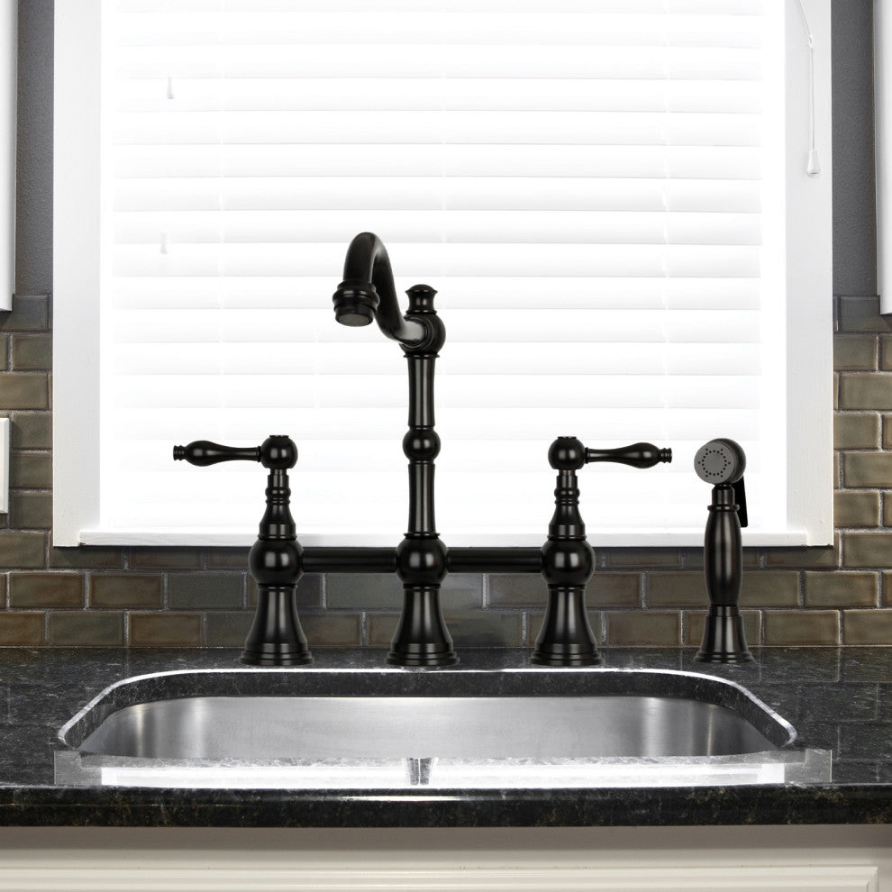 Two-Handles Copper Bridge Kitchen Faucet with Side Sprayer, Matte Black