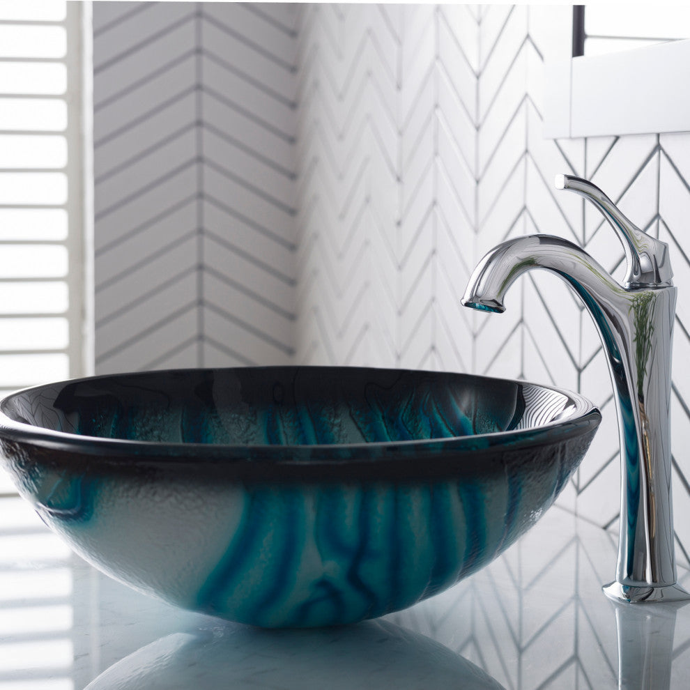 Glass Vessel Sink, Bathroom Arlo Faucet, PU Drain, Mounting Ring, Chrome