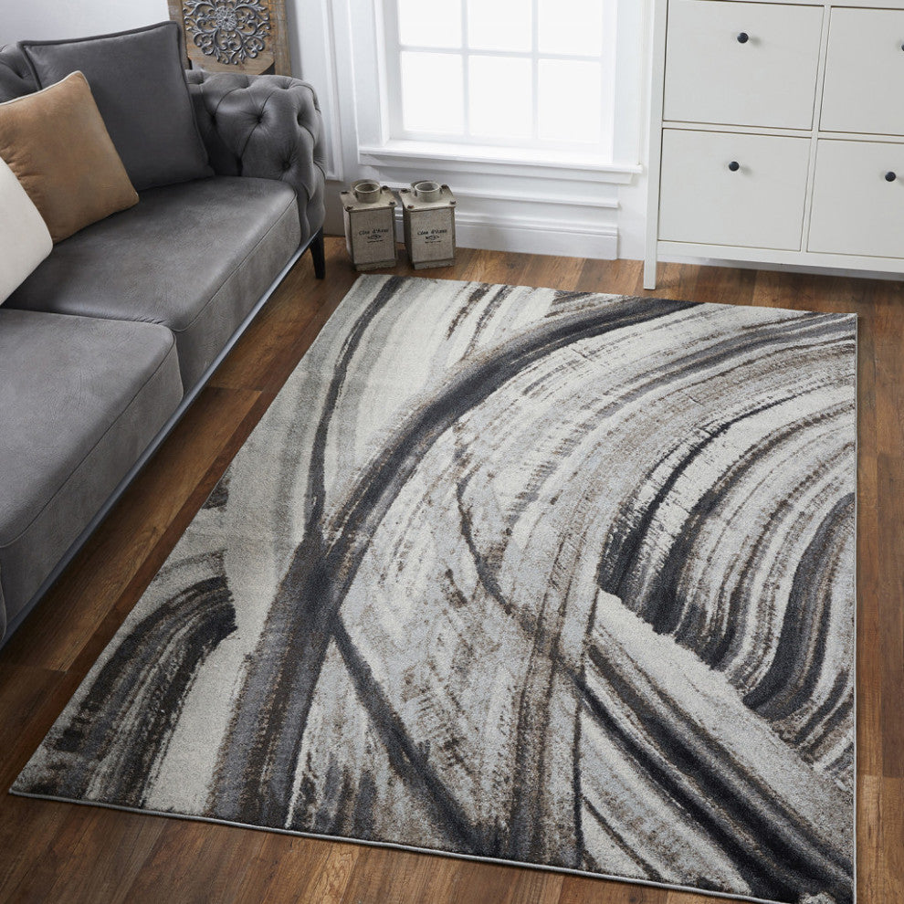 8"x11" Gray Ivory Abstract Strokes Modern Area Rug