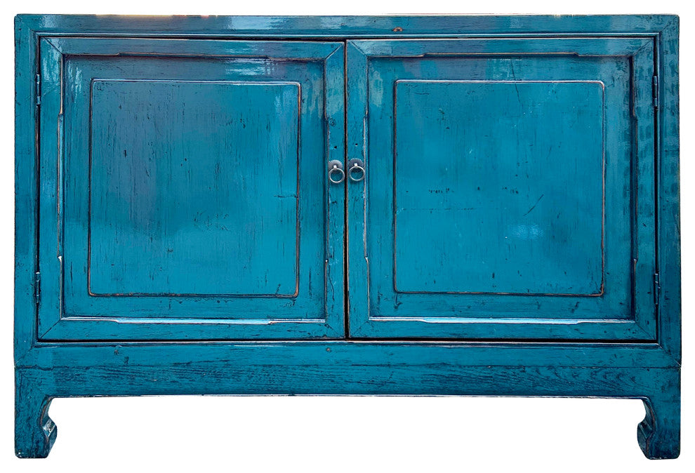 Distressed Rich Teal Blue 2 Doors Low Credenza Sideboard Console Cabinet