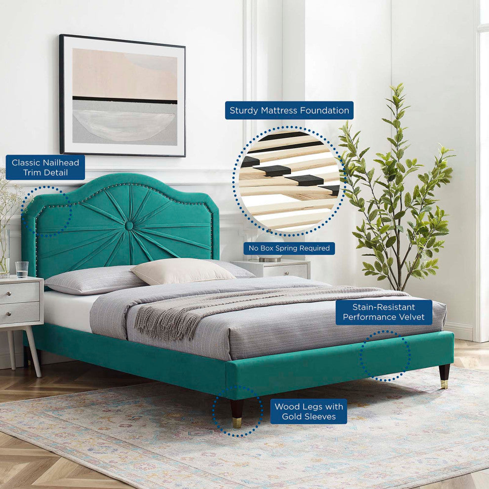 Platform Bed Frame, Twin Size, Velvet, Teal Blue, Modern Contemporary, Bedroom