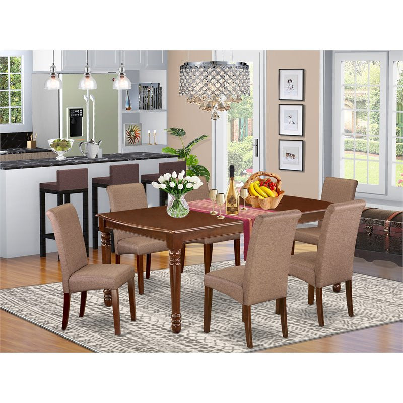 DOBA7-MAH-18 7Pc table with linen brown fabric Chairs with mahogany chair legs