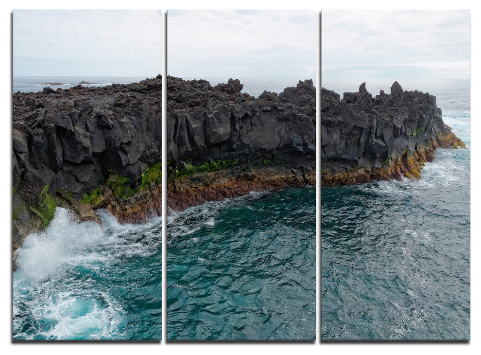 "Rocky Coast With Moss in Azores" Metal Wall Art, 3 Panels, 36"x28"