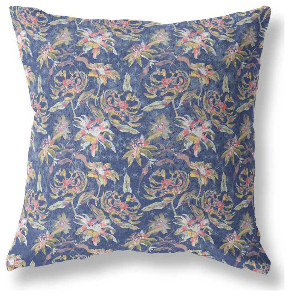 26" Blue Yellow Roses Indoor Outdoor Throw Pillow