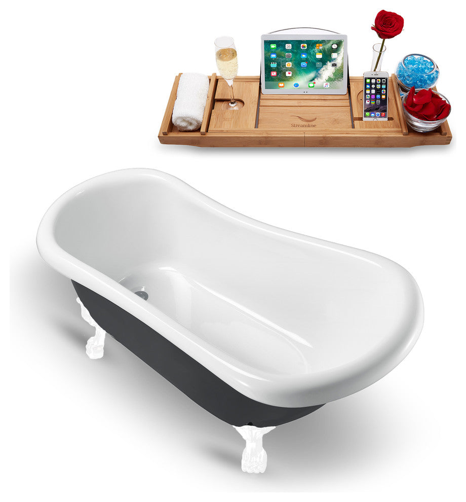 61" Black Clawfoot Tub and Tray, White Feet, Chrome Internal Drain