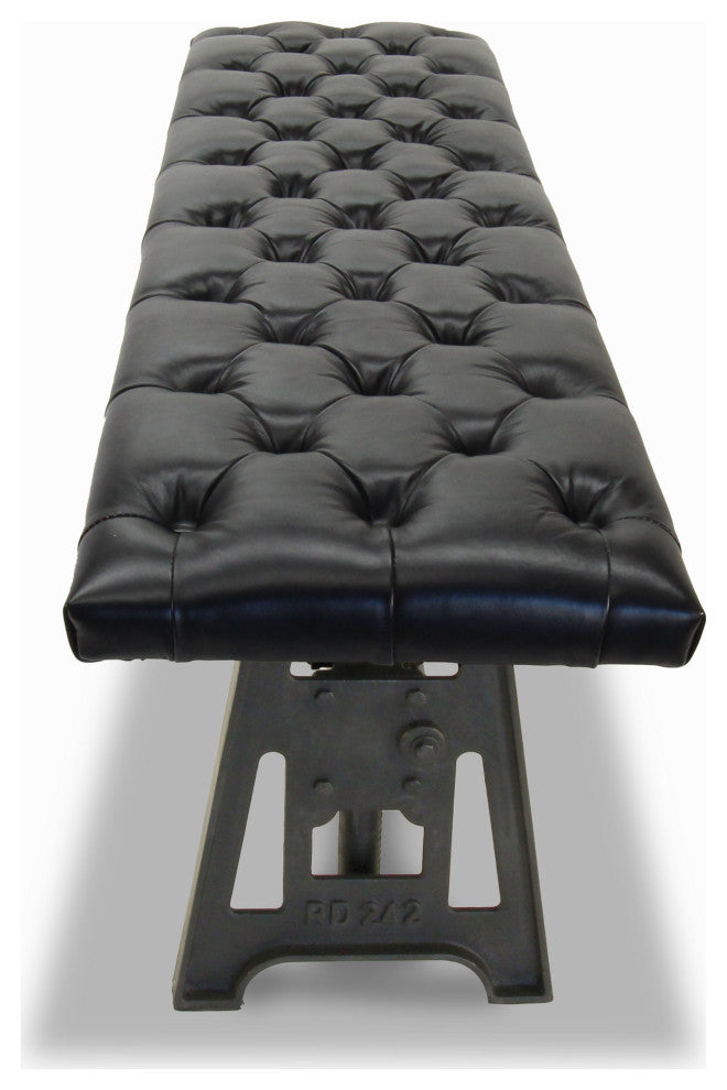 Industrial Dining Bench Seat - Cast Iron Base - Adjustable Black Leather Top