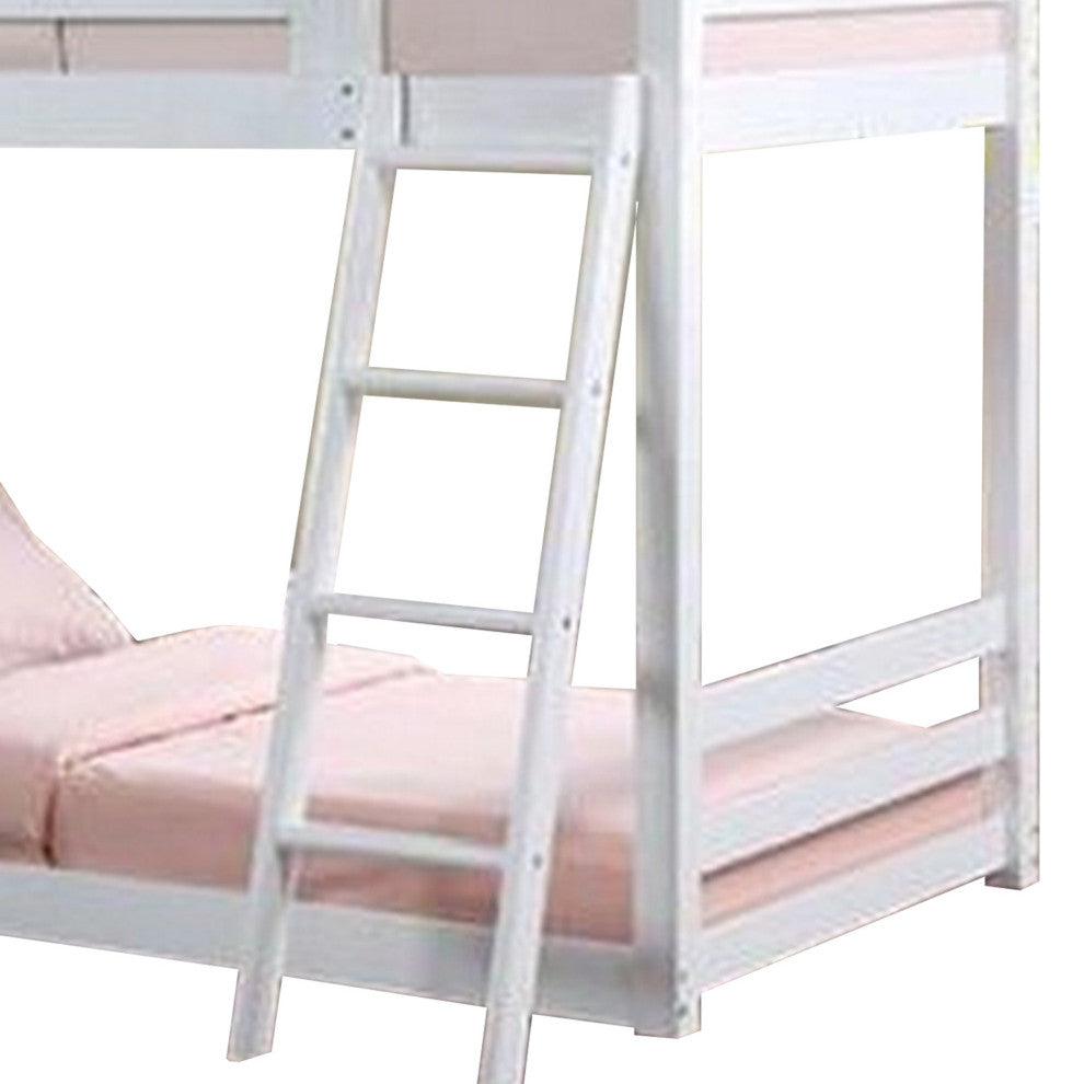 Benzara BM269543 Twin Over Twin Bunk Bed, Fixed Ladder & Pitched Top Roof, White