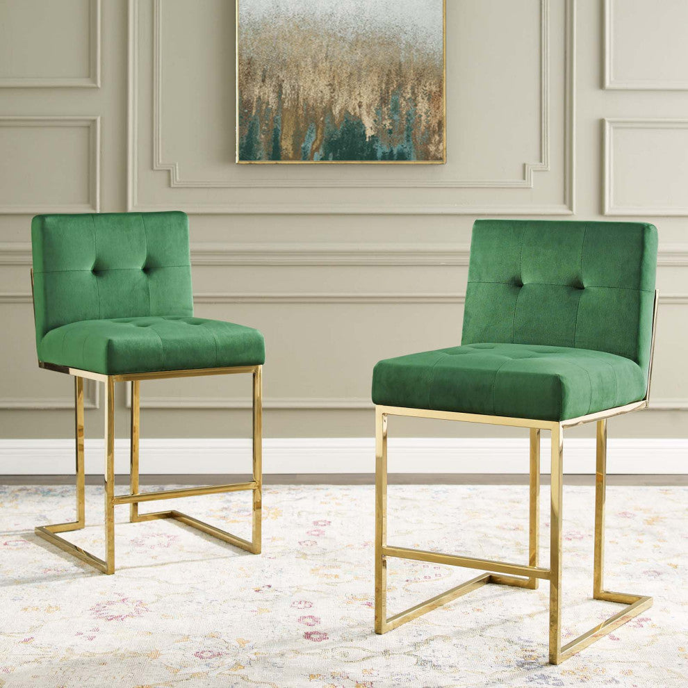 Counter Stool Chair, Set of 2, Velvet, Metal, Gold Green, Modern, Bar Pub Bistro