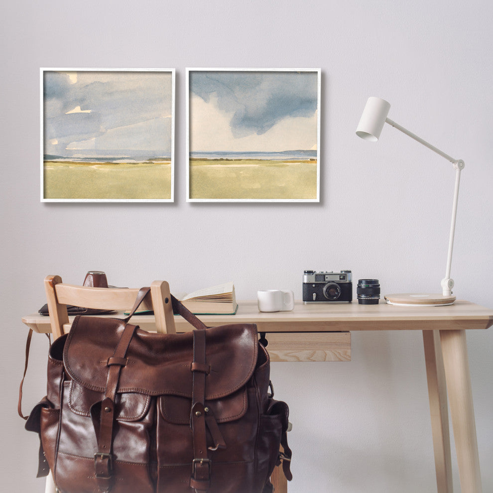 Cloudy Field Nature Landscape Watercolor Collage, 2pc, each 17 x 17