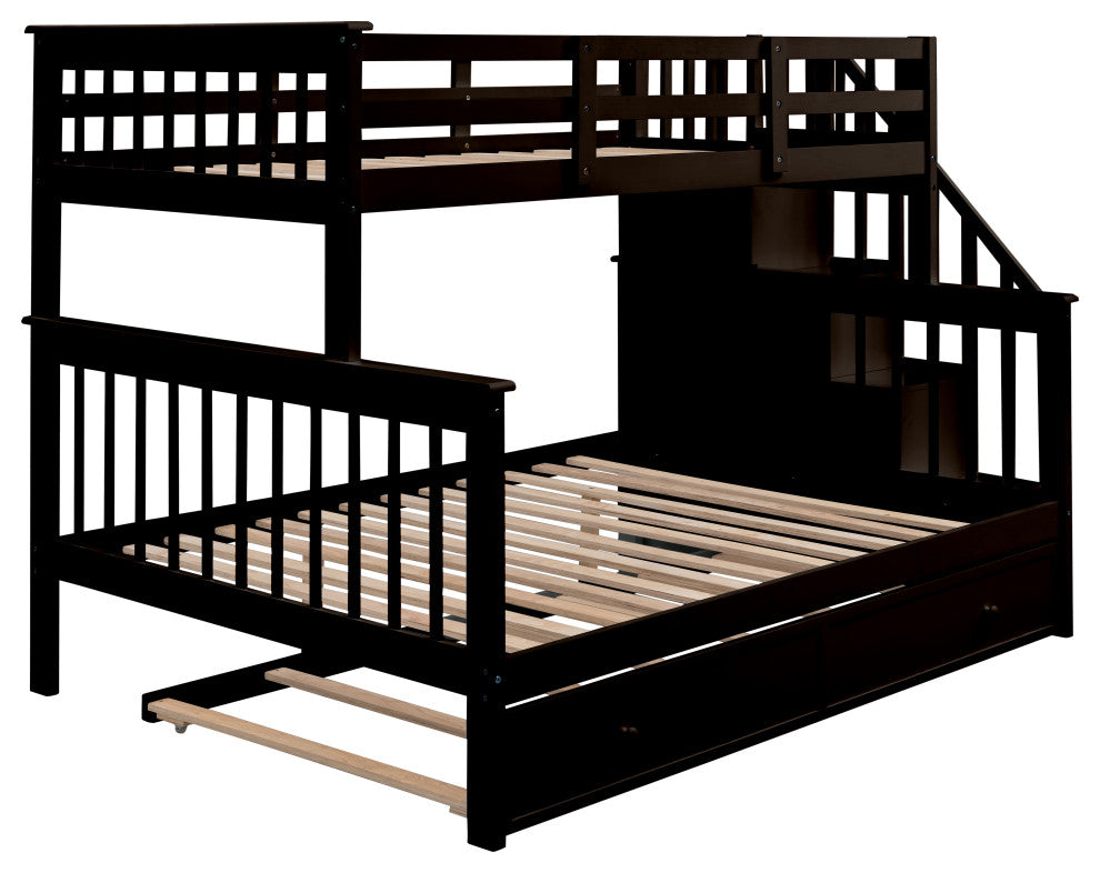 Gewnee Wood Twin-Over-Full Bunk Bed with Trundle and Stairway, Espresso