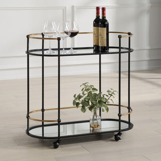 Lifestyle photo; cart shown in a real room setting with wine glasses; full product visible.