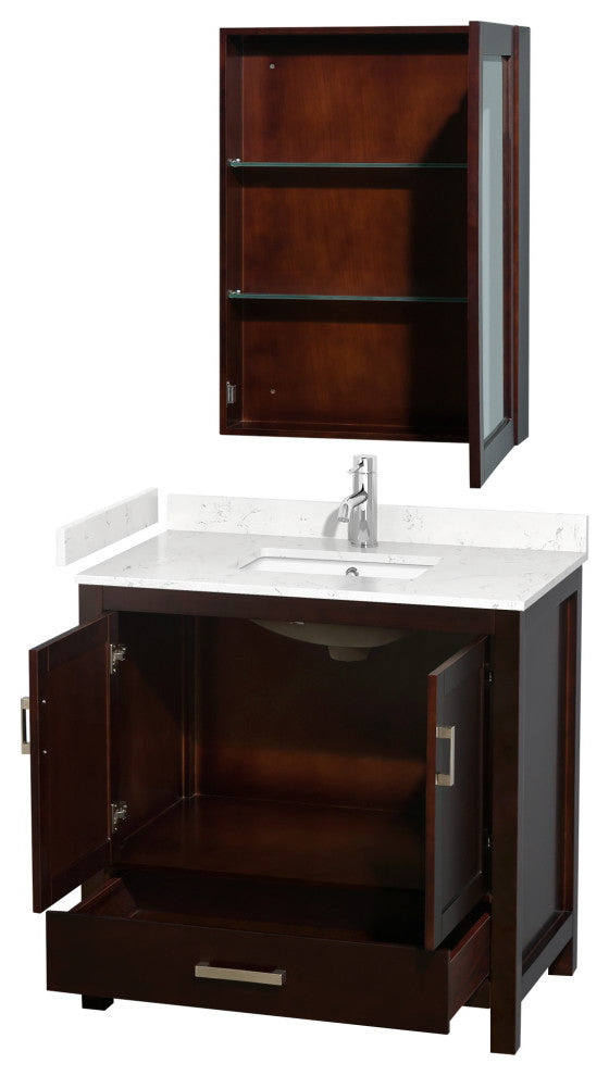 36"SGL Vanity Espresso, Carrara Cult. Marble Countertop, Sink, Med. Cabinet