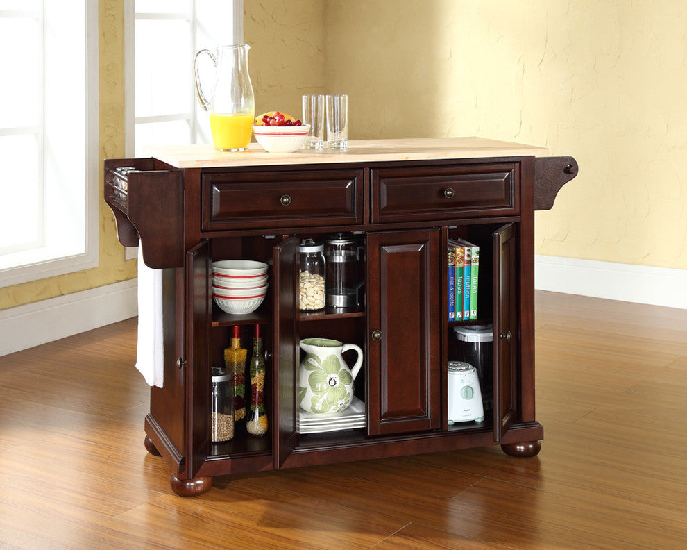 Crosley Furniture Alexandria Natural Wood Top Kitchen Island in Mahogany