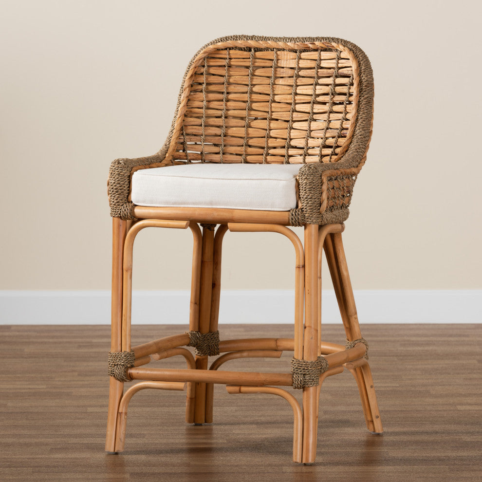Kyle Modern Bohemian Natural Brown Woven Rattan Counter Stool with Cushion