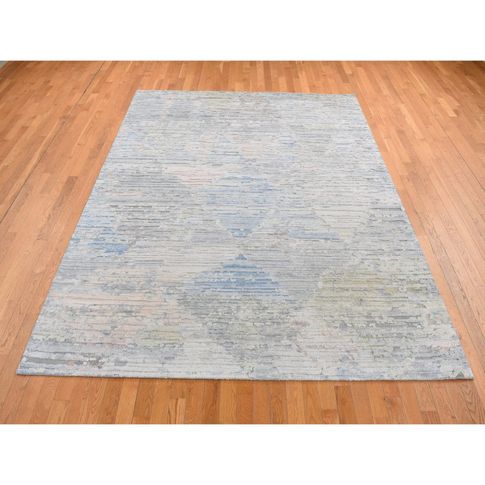 Ivory Pure Silk Collection Hand Knotted Modern Design Oriental Rug 8'x10'6"