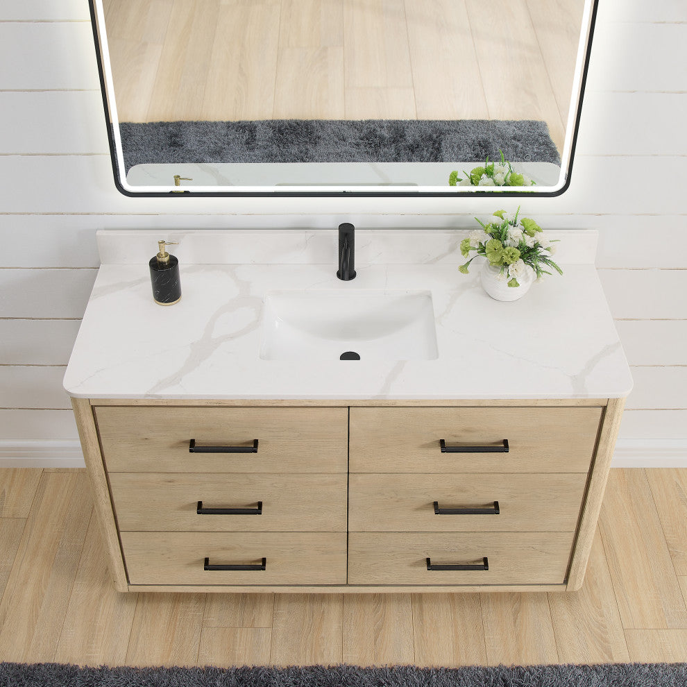 Porto Bath Vanity with White Quartz Stone Top, Natural Oak, 55 in., No Mirror