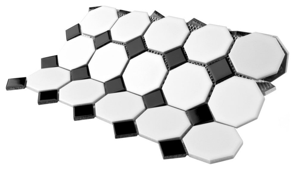 Metro Octagon Matte White w/ Black Dot Porcelain Floor and Wall Tile