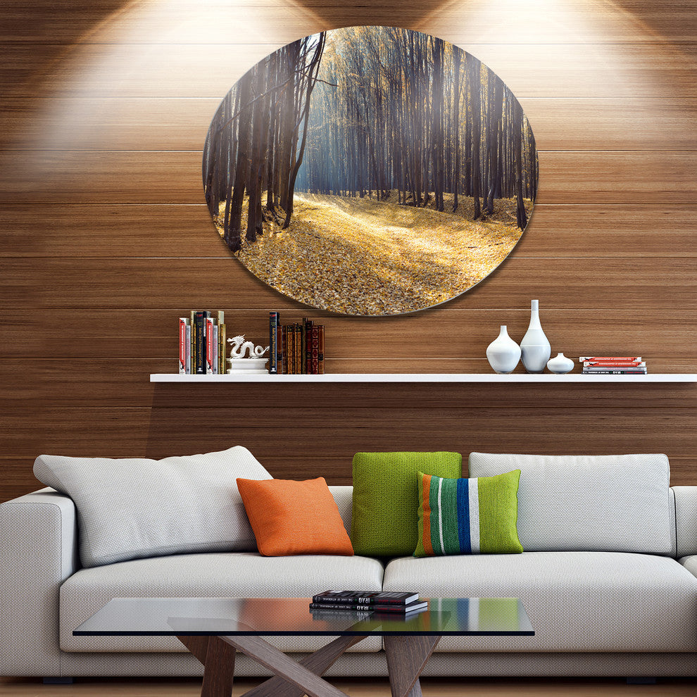 Path In The Fall Forest Panorama, Forest Round Metal Wall Art, 36"