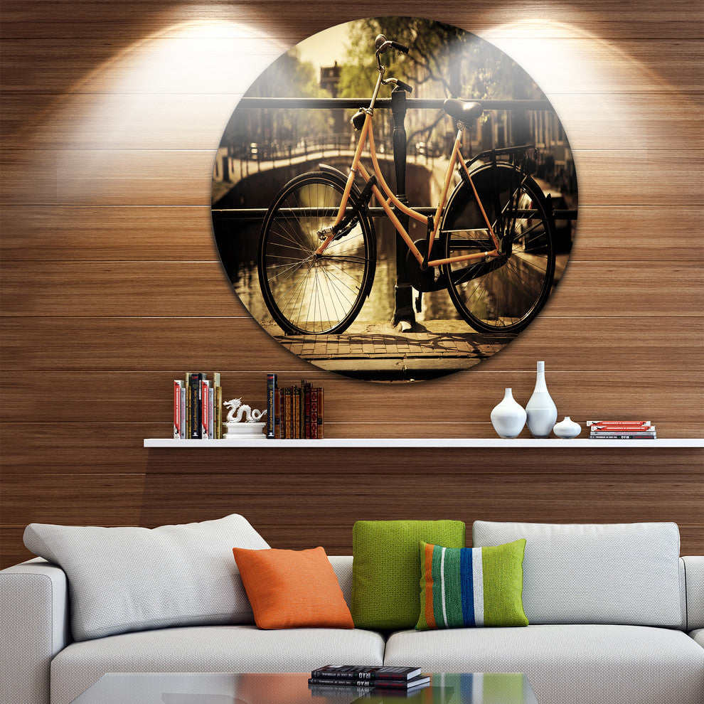 Retro Bike Over Romantic Canal Bridge, Photo Disc Metal Wall Art, 38"