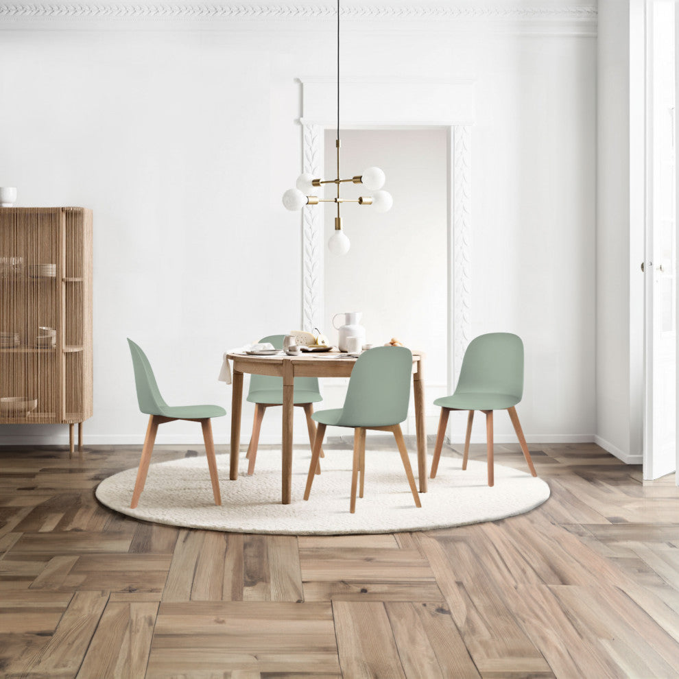 Set of 4 Modern Dining Side Chairs Molded Plastic With Round Back Wooden Legs, Green